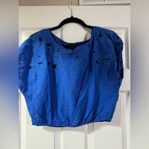 Rachel Roy Embroidered Royal Blue Cotton Blend Peasant Top